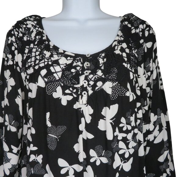 Talbots Womens Black White Butterfly 3/4 Sleeve Tunic Top S Crochet Detail - Picture 1 of 12